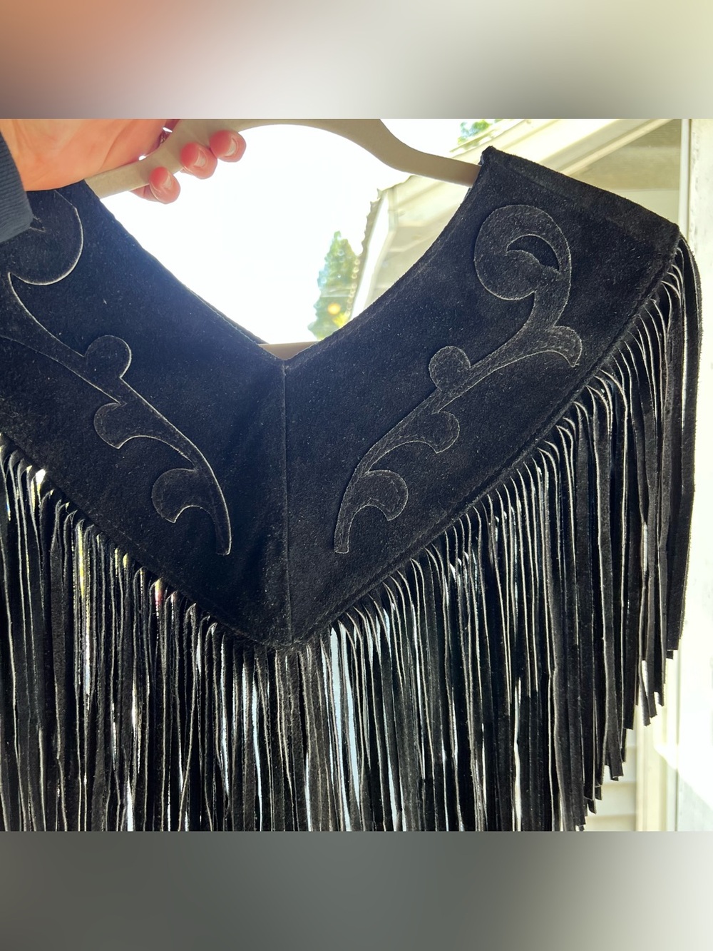 Black Suede Fringe Poncho with Western Stitching Boho Country Vintage Ben Kalton